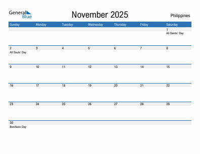 Current month calendar with Philippines holidays for November 2025