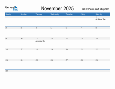 Current month calendar with Saint Pierre and Miquelon holidays for November 2025