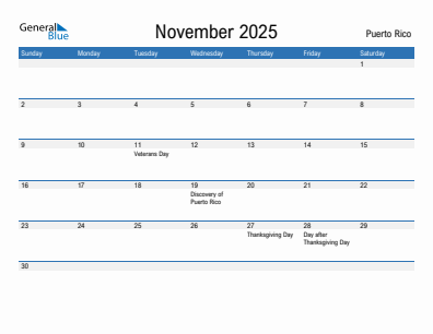 Current month calendar with Puerto Rico holidays for November 2025