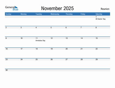 Current month calendar with Reunion holidays for November 2025