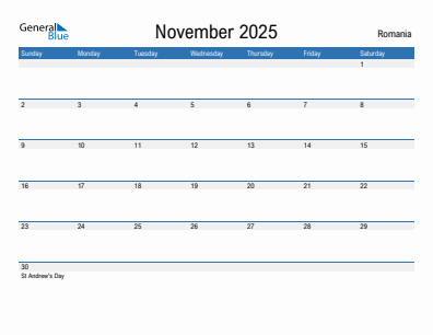 Current month calendar with Romania holidays for November 2025