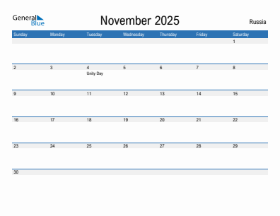 Current month calendar with Russia holidays for November 2025