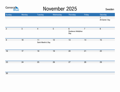 Current month calendar with Sweden holidays for November 2025