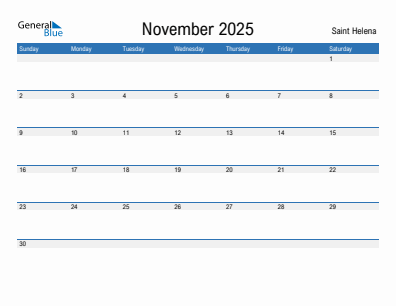 Current month calendar with Saint Helena holidays for November 2025