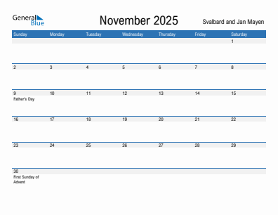 Current month calendar with Svalbard and Jan Mayen holidays for November 2025