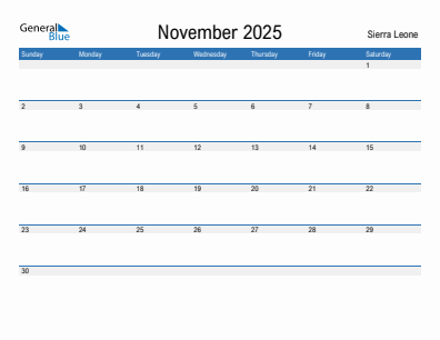 Current month calendar with Sierra Leone holidays for November 2025