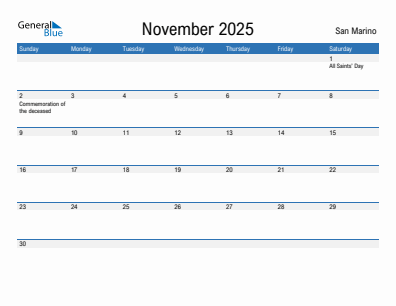 Current month calendar with San Marino holidays for November 2025