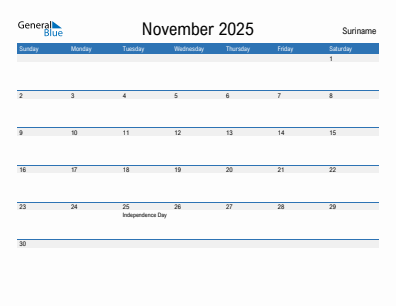 Current month calendar with Suriname holidays for November 2025