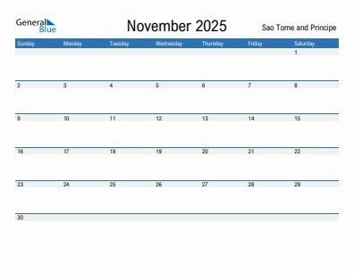 Current month calendar with Sao Tome and Principe holidays for November 2025