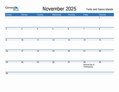 Current month calendar with Turks and Caicos Islands holidays for November 2025