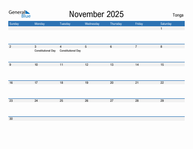 Current month calendar with Tonga holidays for November 2025
