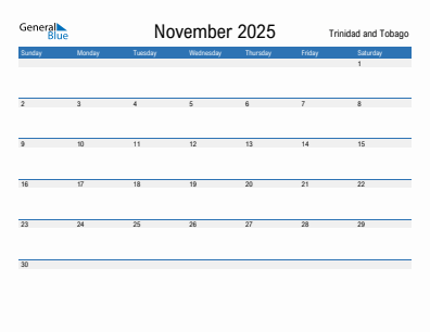 Current month calendar with Trinidad and Tobago holidays for November 2025