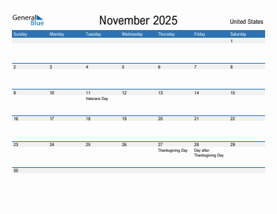 Current month calendar with United States holidays for November 2025
