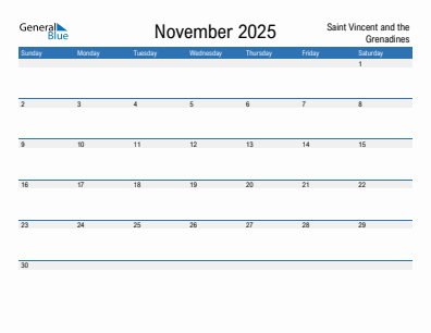 Current month calendar with Saint Vincent and the Grenadines holidays for November 2025