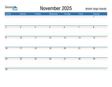 Current month calendar with British Virgin Islands holidays for November 2025