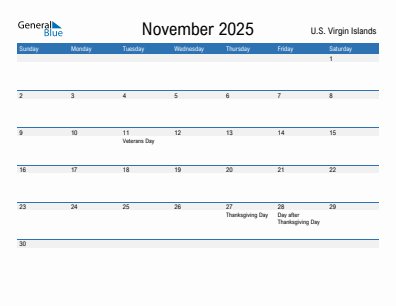 Current month calendar with U.S. Virgin Islands holidays for November 2025