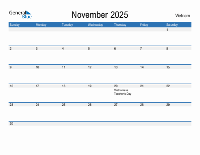 Current month calendar with Vietnam holidays for November 2025