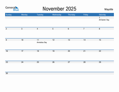 Current month calendar with Mayotte holidays for November 2025