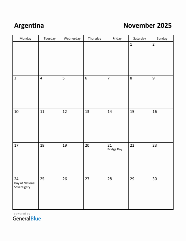 November 2025 Calendar with Argentina Holidays
