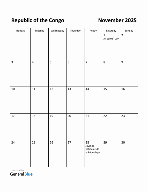 November 2025 Calendar with Republic of the Congo Holidays