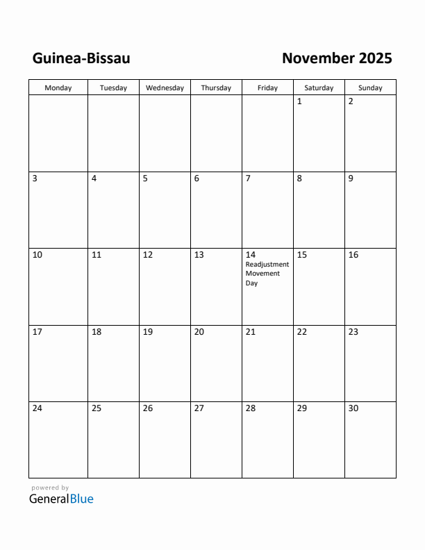 November 2025 Calendar with Guinea-Bissau Holidays