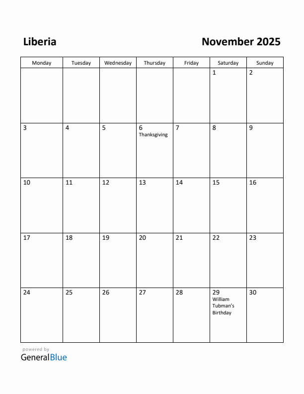 November 2025 Calendar with Liberia Holidays