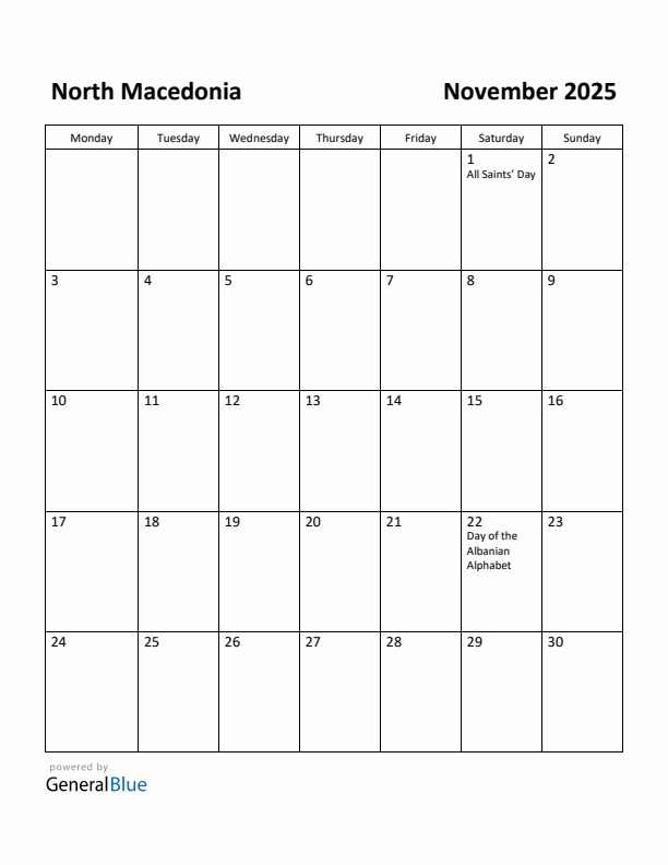 November 2025 Calendar with North Macedonia Holidays