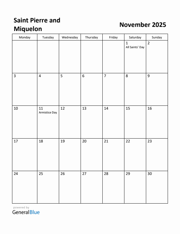 November 2025 Calendar with Saint Pierre and Miquelon Holidays