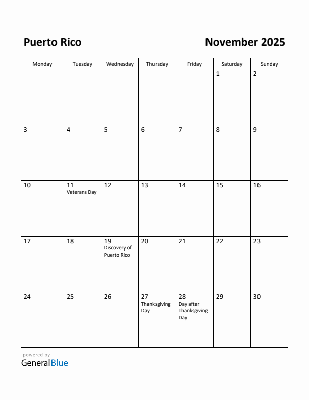 November 2025 Calendar with Puerto Rico Holidays