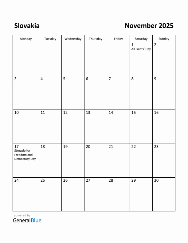 November 2025 Calendar with Slovakia Holidays