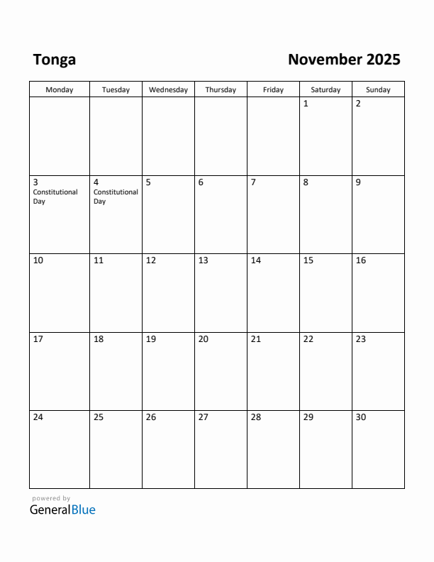 November 2025 Calendar with Tonga Holidays