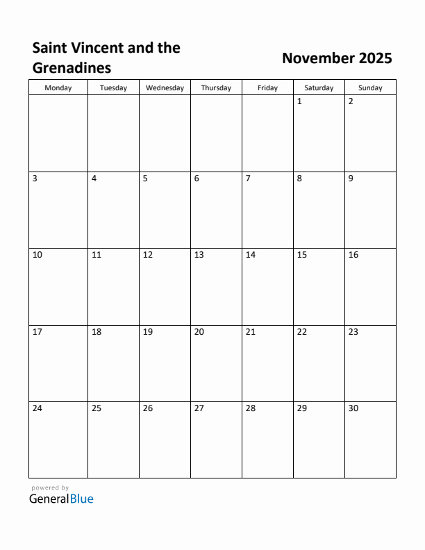 November 2025 Calendar with Saint Vincent and the Grenadines Holidays