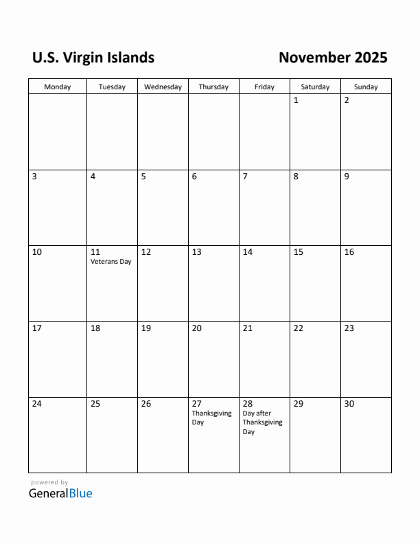 November 2025 Calendar with U.S. Virgin Islands Holidays