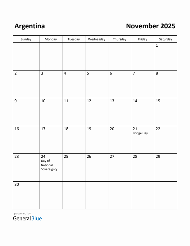 November 2025 Calendar with Argentina Holidays