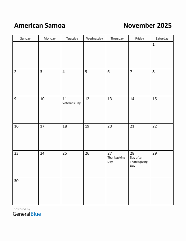 November 2025 Calendar with American Samoa Holidays