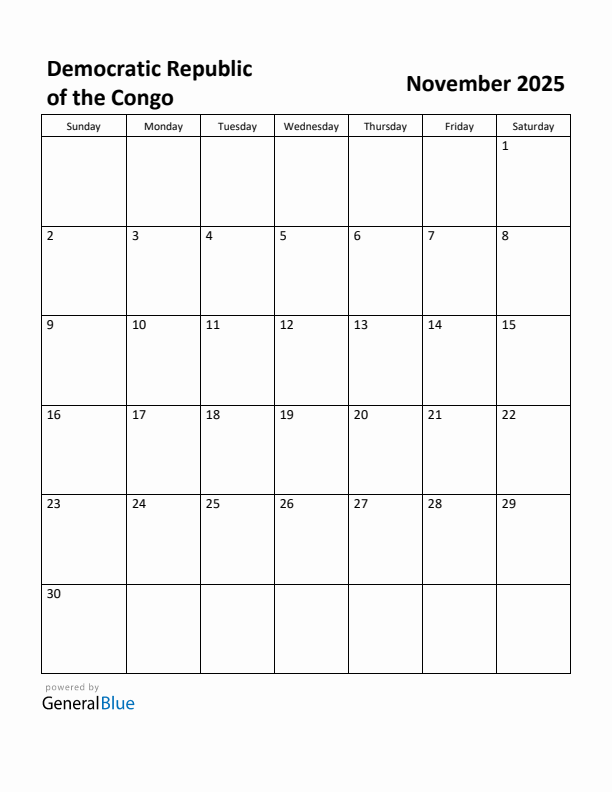 November 2025 Calendar with Democratic Republic of the Congo Holidays