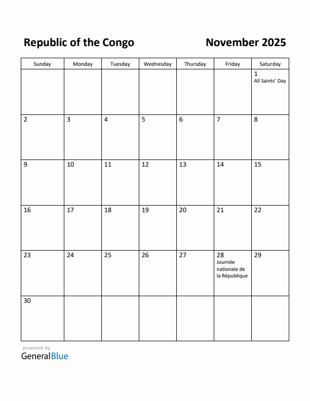 November 2025 Calendar with Republic of the Congo Holidays