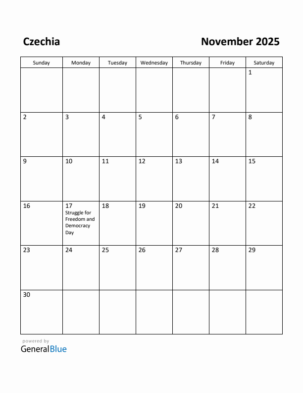 November 2025 Calendar with Czechia Holidays
