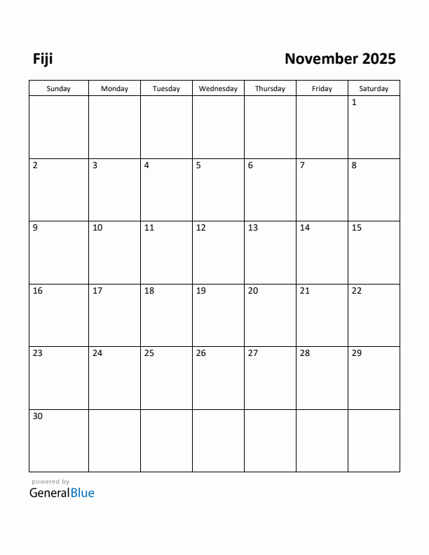 November 2025 Calendar with Fiji Holidays