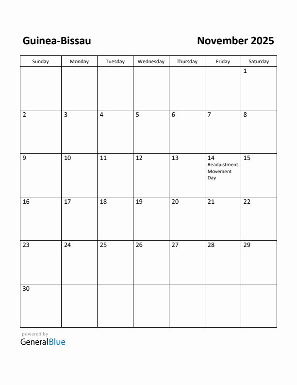 November 2025 Calendar with Guinea-Bissau Holidays