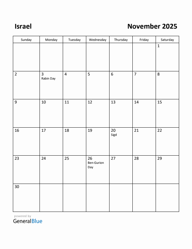 November 2025 Calendar with Israel Holidays