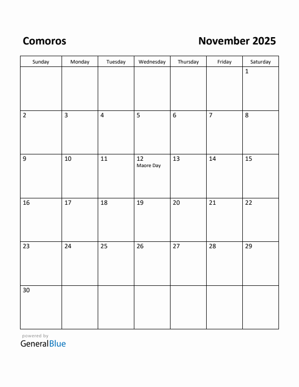 November 2025 Calendar with Comoros Holidays