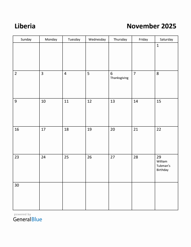 November 2025 Calendar with Liberia Holidays