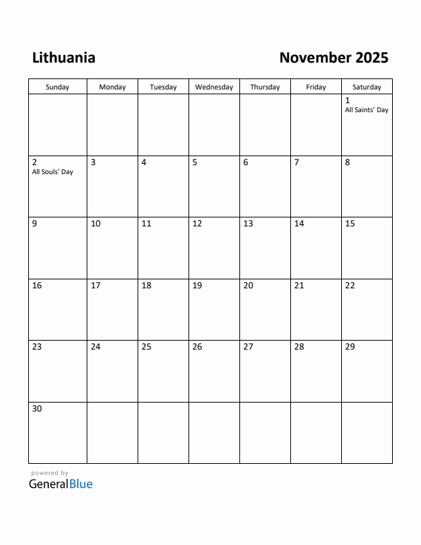 November 2025 Calendar with Lithuania Holidays