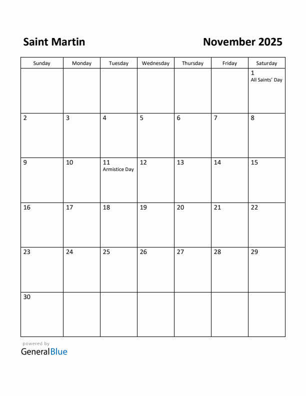 November 2025 Calendar with Saint Martin Holidays
