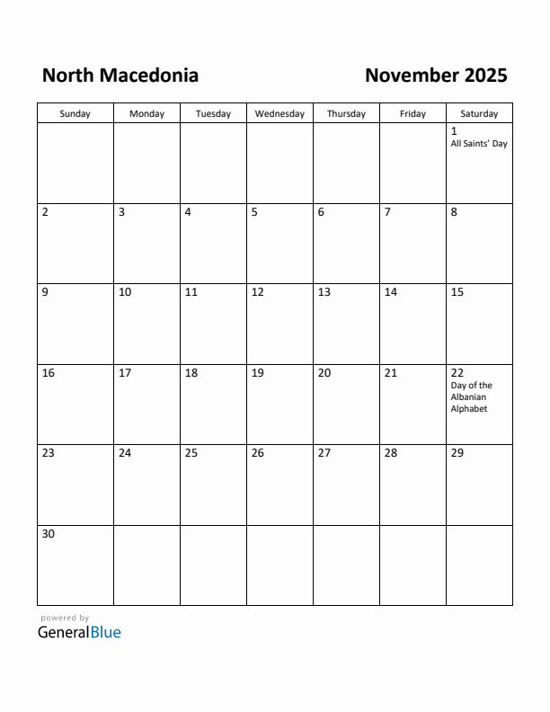 November 2025 Calendar with North Macedonia Holidays