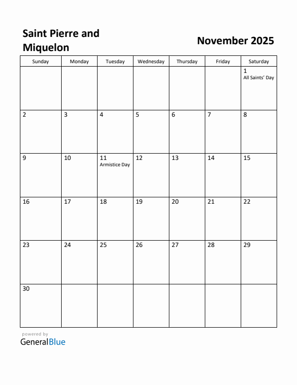 November 2025 Calendar with Saint Pierre and Miquelon Holidays