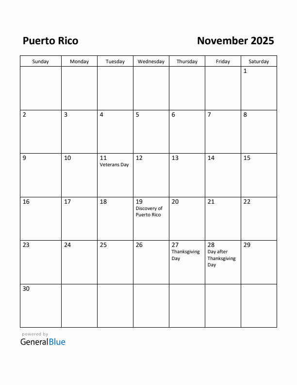 November 2025 Calendar with Puerto Rico Holidays