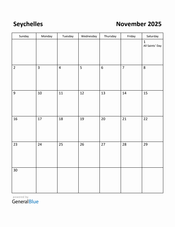 November 2025 Calendar with Seychelles Holidays