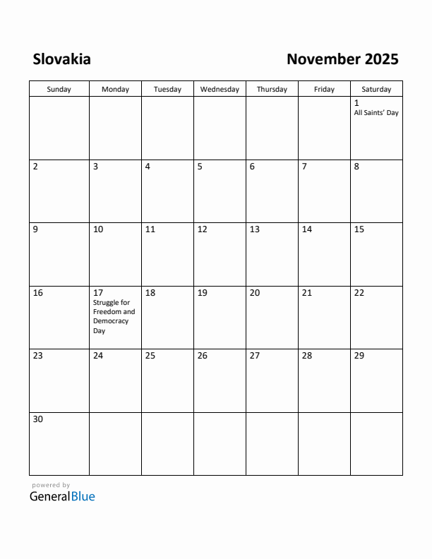 November 2025 Calendar with Slovakia Holidays